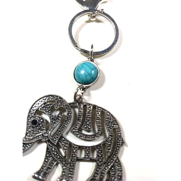 Elephant Keychain Cut Outs Blue Green Stone Silver Tone Purse Luggage Clip - Picture 6 of 8